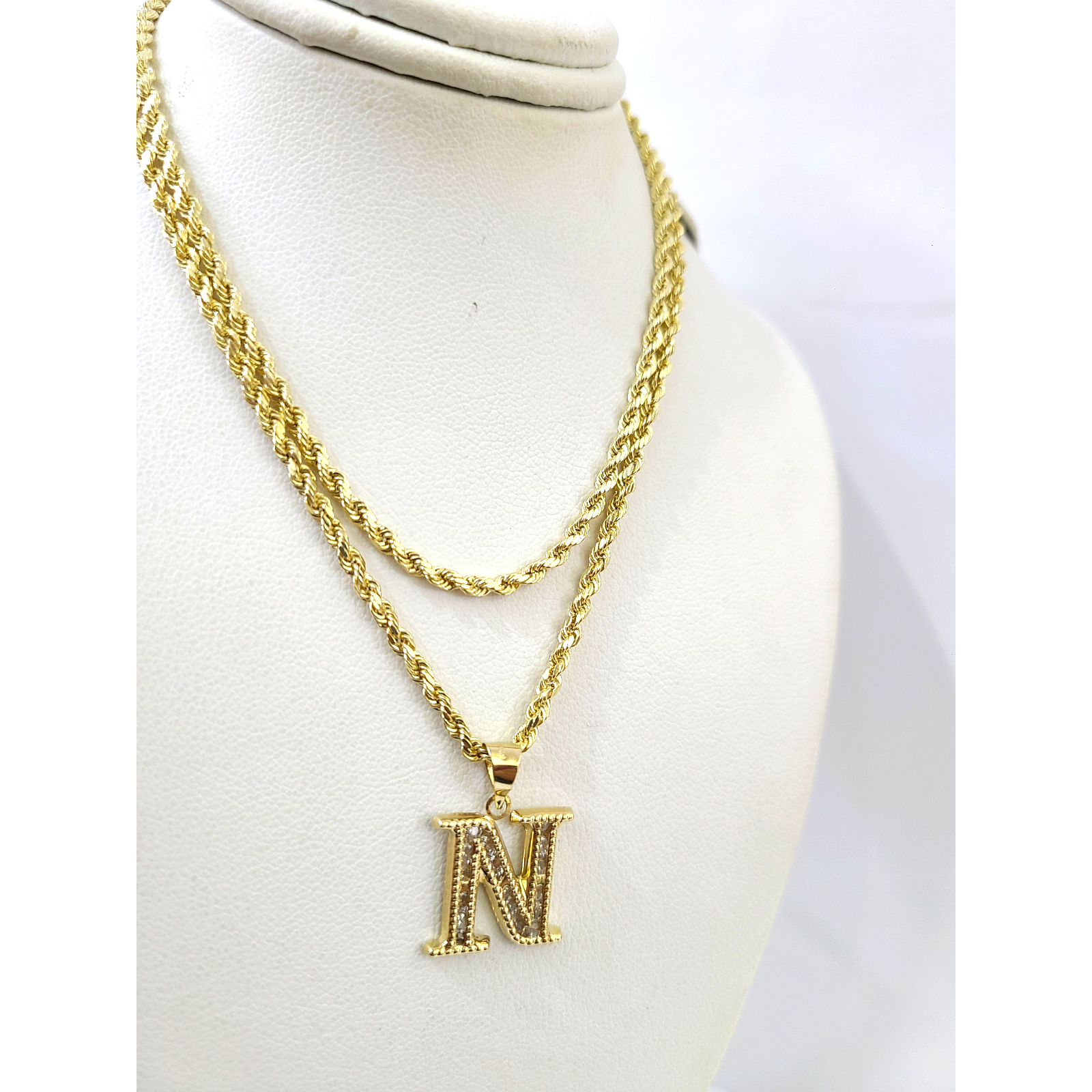 10k 2.5mm Rope Chain N Initial Alphabet Pendant 16"-28" Gold Set Charm Necklace