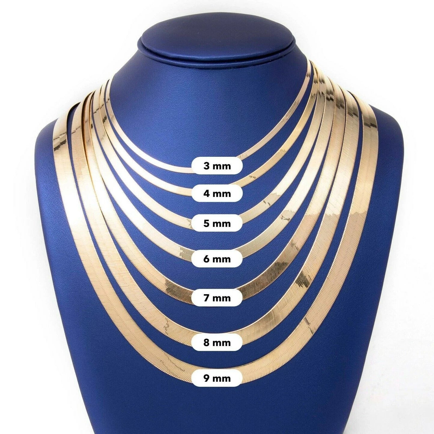 Solid 10K Yellow Gold 3mm-9mm Flat Herringbone Chain Necklace Women Men 16"- 24"