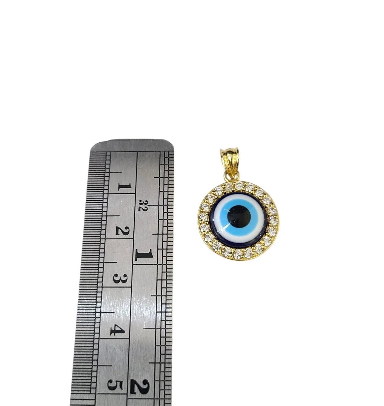 10K Yellow Gold Evil Eye Pendant Blue Nazar CZ Halo Round Charm Protection