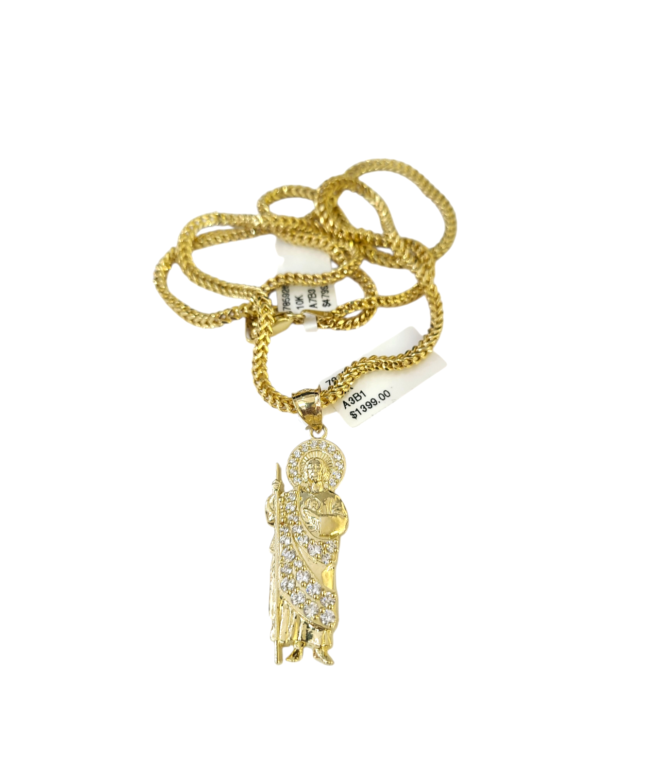 Real 10k Gold Franco Chain Saint Jude Charm Pendant Necklace SET 2.5mm 18"-26"