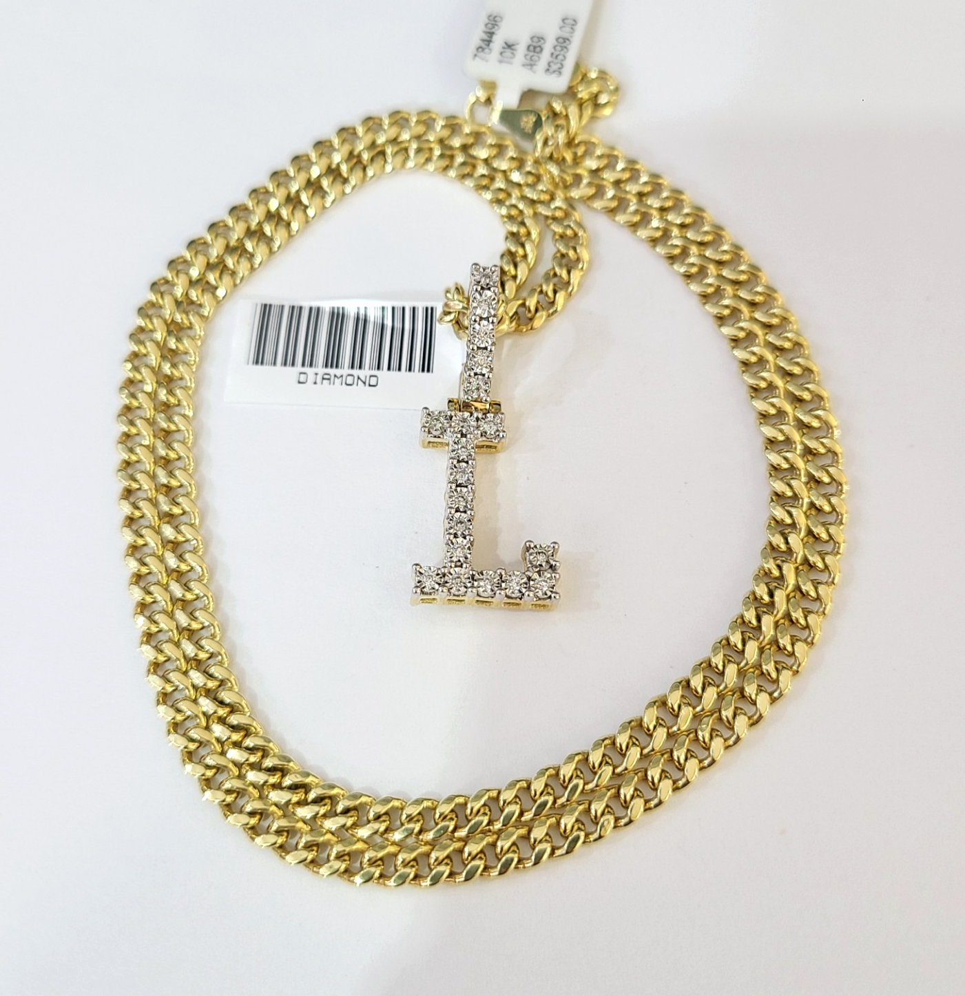 10K Gold Miami Cuban Chain L Diamond Initial 20"-28" 3mm Pendant Necklace SET