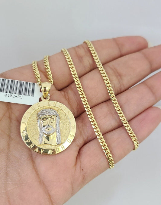 10k Gold Solid Miami Cuban Necklace Jesus Christ Pendant 2.5mm 18-24" Chain Set