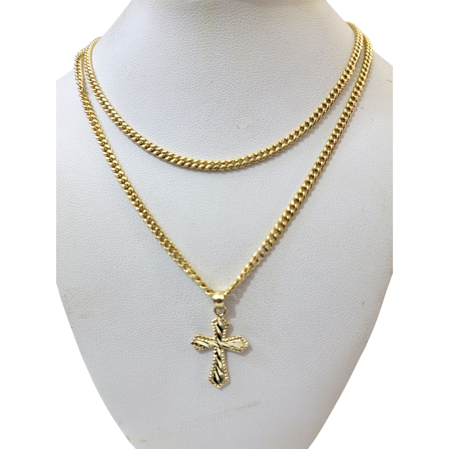 Real Gold 10k Chain Pendant SET Cross Charm Miami Cuban Link Necklace 2.5mm