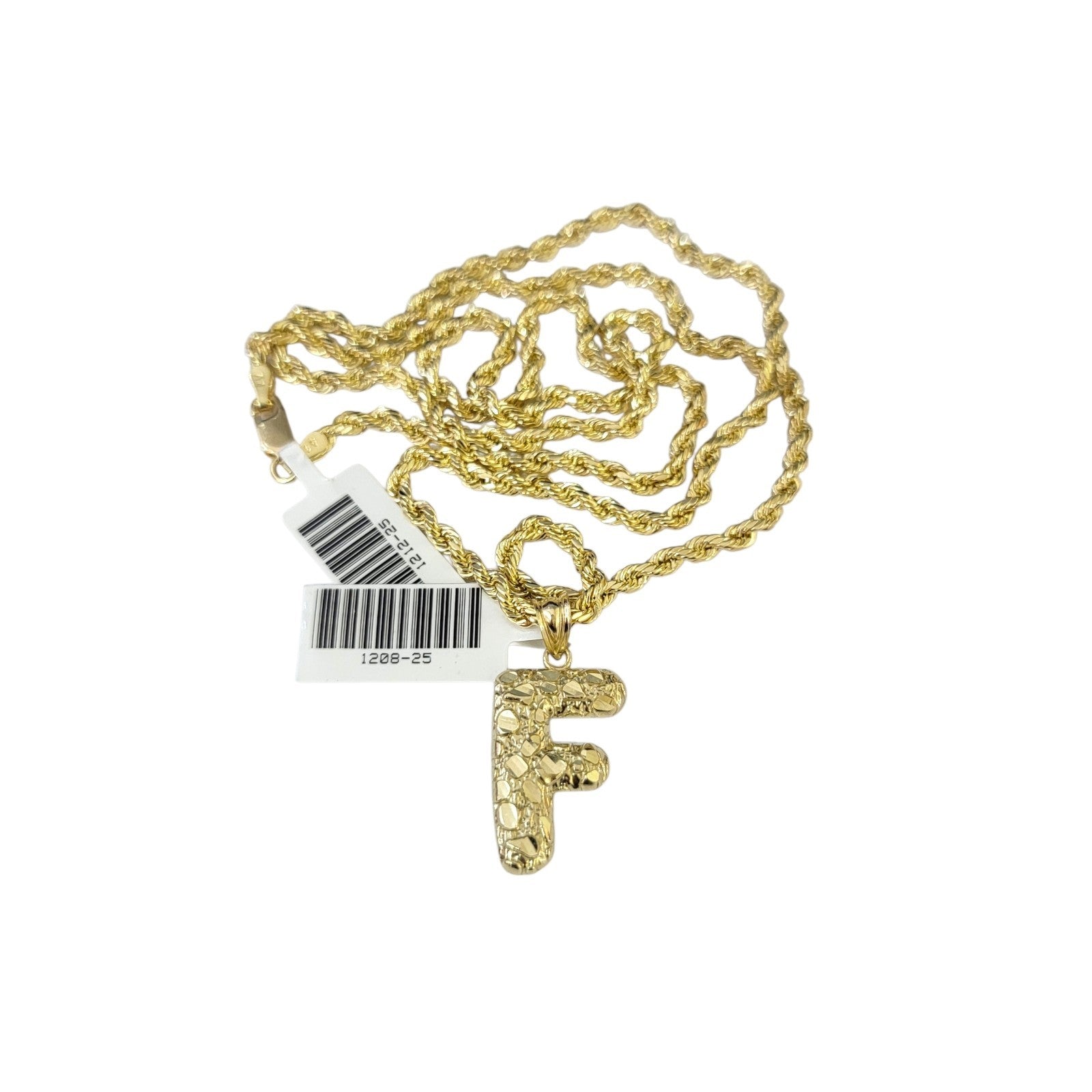 Real 10k Rope Chain Necklace Nugget F Initial Charm Set 3mm 18"-28" Pendant Gold