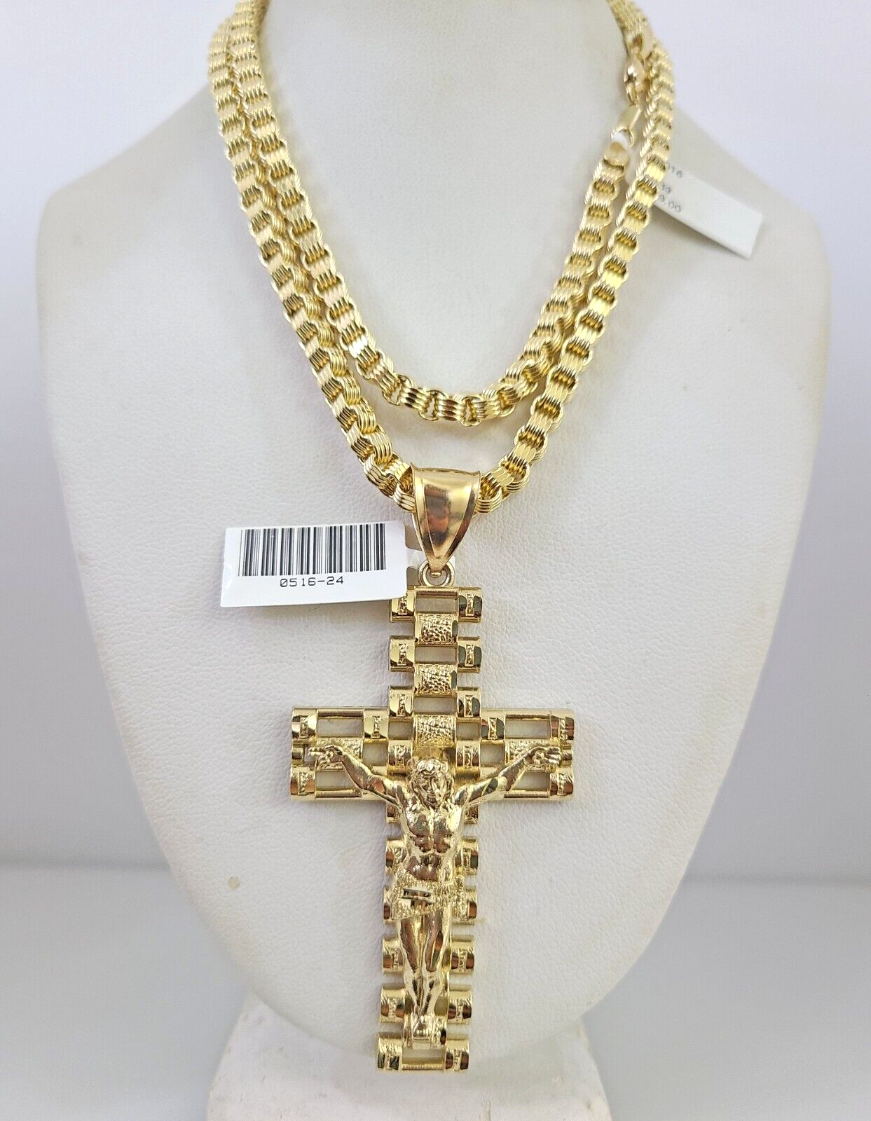 Real 10k Gold Byzantine Necklace Jesus Cross Charm SET Chain 20"-30" 4mm
