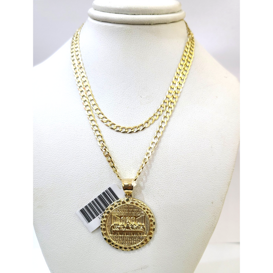 10k Gold Chain Necklace Last Supper Charm Pendant Set Cuban Curb 3mm 20"-30"