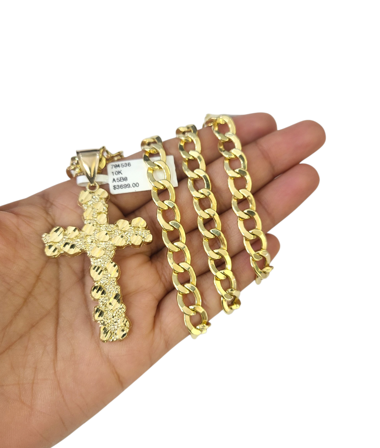 10k Real Gold Cuban Curb Chain Nugget Christ Cross Pendant SET 8mm Necklace Men