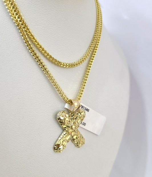 10k Gold Franco Chain 2.5mm 16"-26" X Nugget Initial Charm Pendant Necklace SET