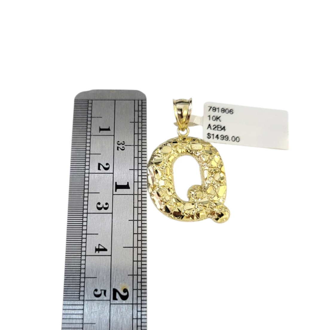 Real Gold 10k Chain Miami Cuban Link 2.5mm Q Initial Charm Necklace Pendant SET