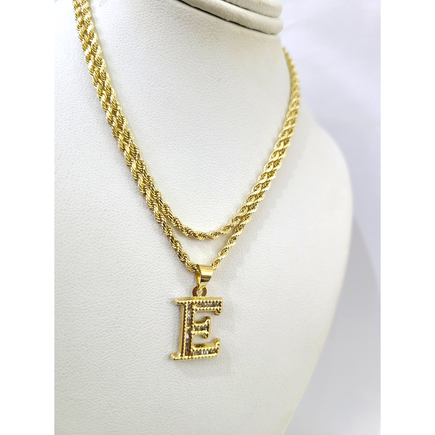 10k 2.5mm Rope Chain E Initial Alphabet Pendant 16"-28" Gold Set Charm Necklace