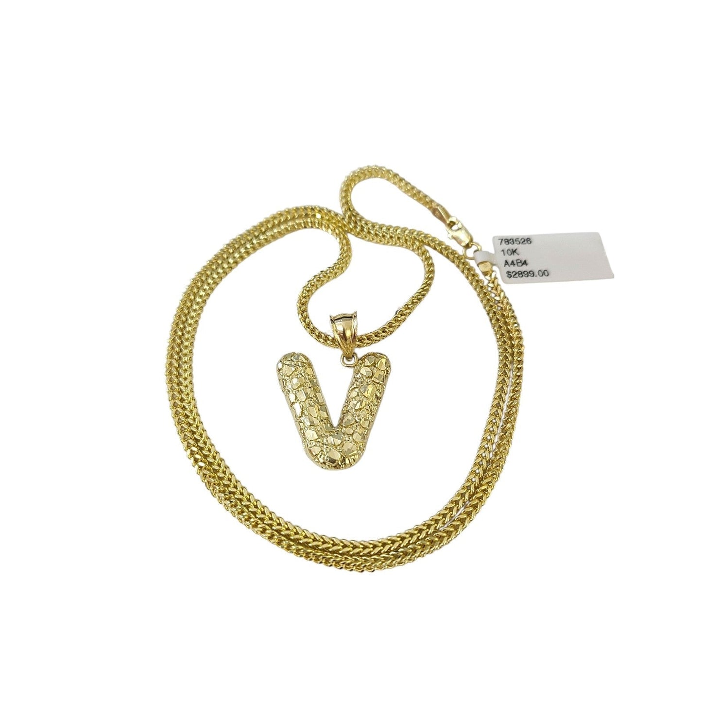 10k Gold Franco Chain 2.5mm 16"-26" V Nugget Initial Charm Pendant Necklace SET