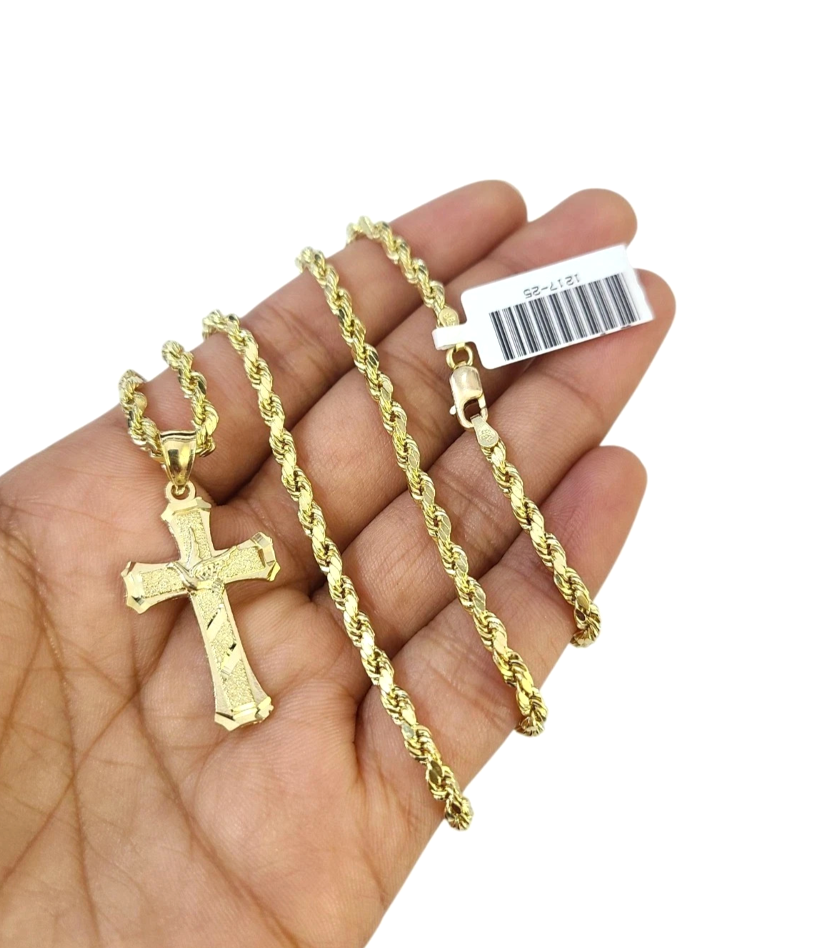 Real 10K Gold Rope Chain 3mm Religious Cross Charm Set Men Women 18"-28"