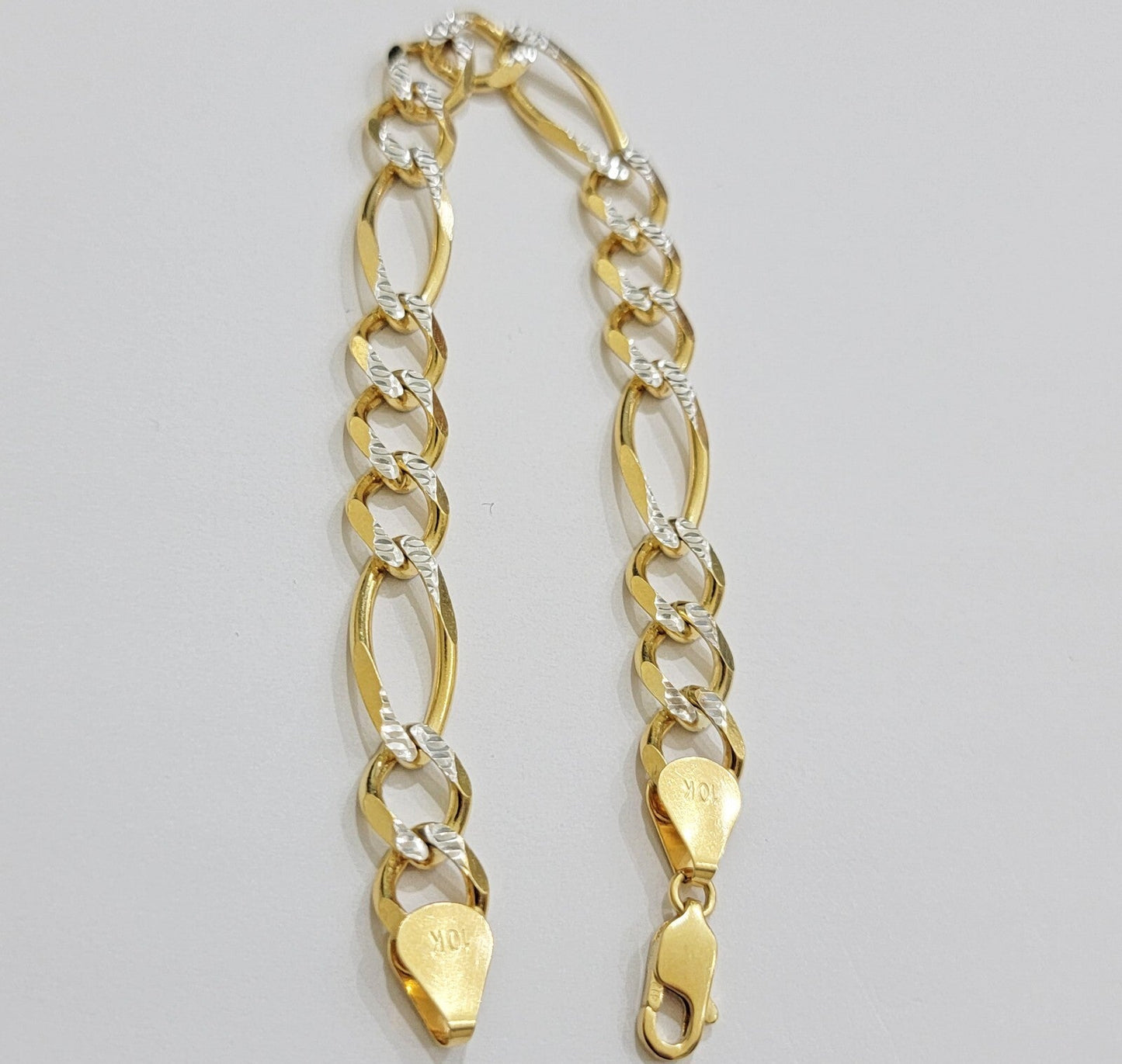 Mens Real 10k Yellow Gold Figaro Link Bracelet Diamond Cut 6.5 mm Solid 8 Inch