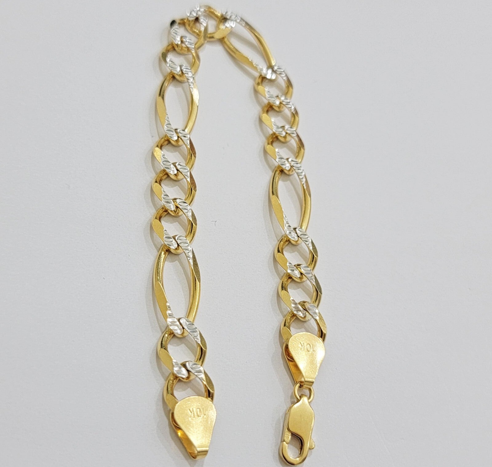 Mens Real 10k Yellow Gold Figaro Link Bracelet Diamond Cut 6.5 mm Solid 8 Inch