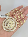 10k Gold Solid Cuban Curb Chain Necklace Medusa Head Pendant Set 6mm 20"-30"