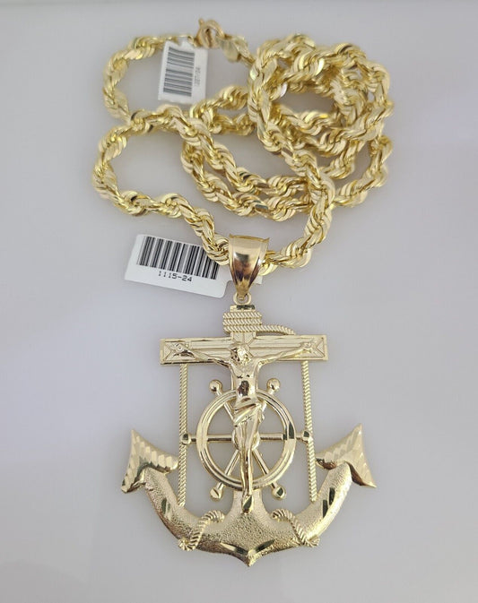 REAL 10k Solid Rope Necklace 6mm Jesus Anchor Pendant SET Chain 20"-30'' Gold