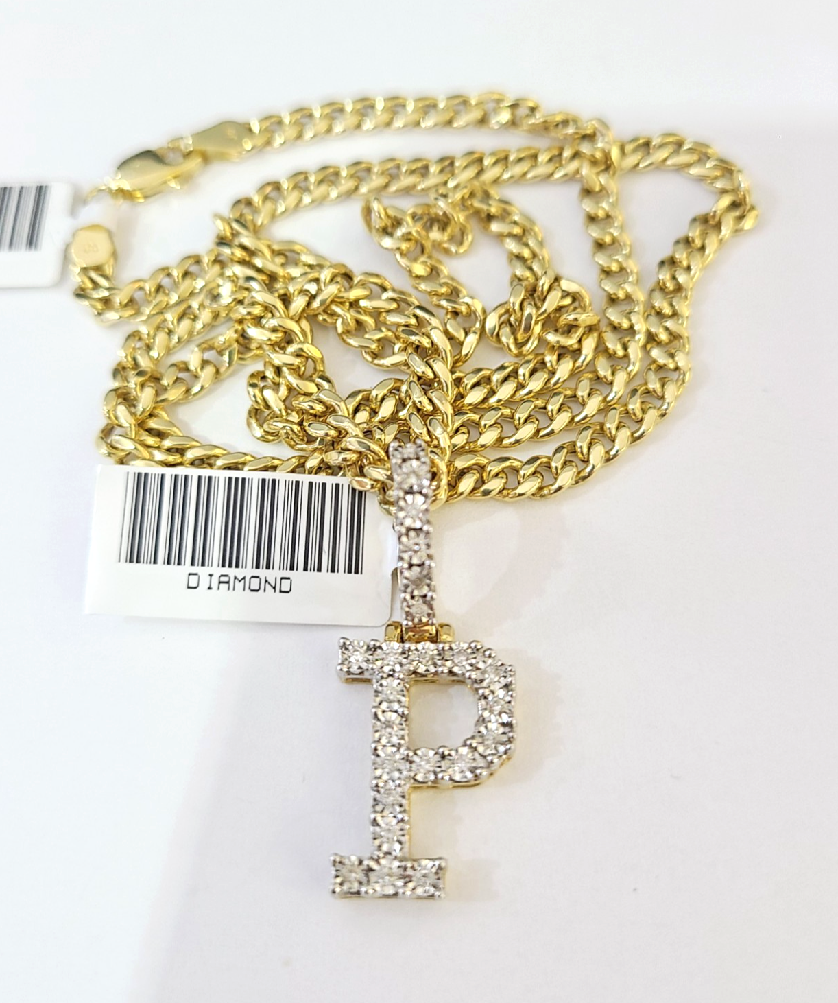 10K Gold Miami Cuban Chain P Diamond Initial 20"-28" 3mm Pendant Necklace SET