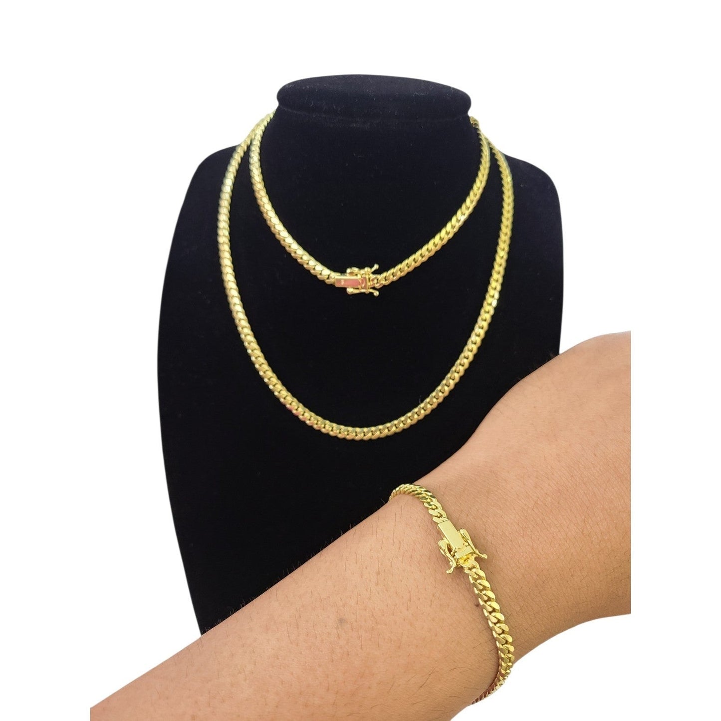 10k Solid Gold Miami Cuban Chain Bracelet Set 4mm Men Women Necklace Real
