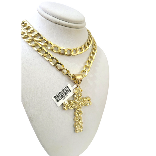 10k Real Gold Cuban Curb Chain Nugget Christ Cross Pendant SET 8mm Necklace Men