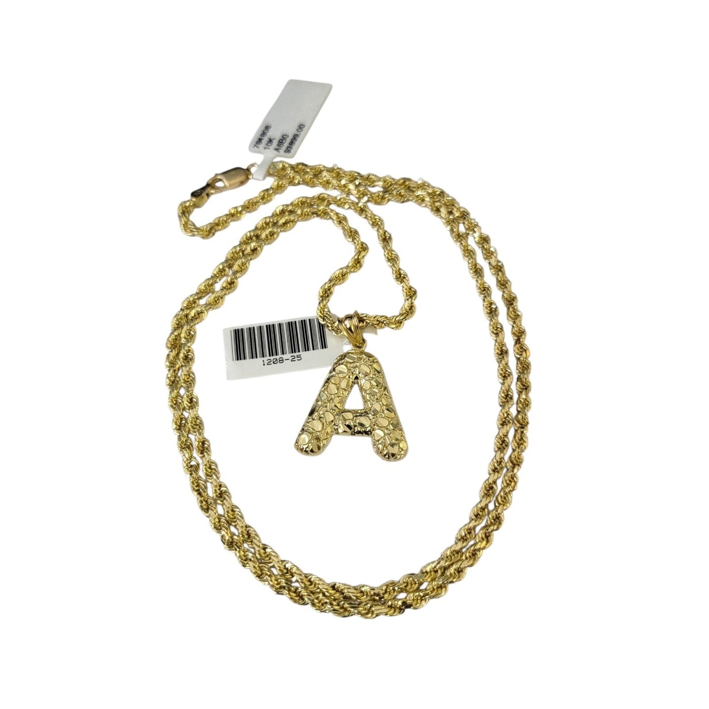 Real 10k Rope Chain Necklace Nugget A Initial Charm Pendant Set 3mm 18"-28" Gold