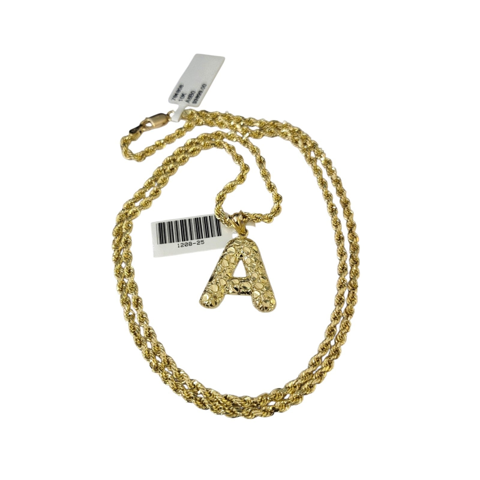 Real 10k Rope Chain Necklace Nugget A Initial Charm Pendant Set 3mm 18"-28" Gold
