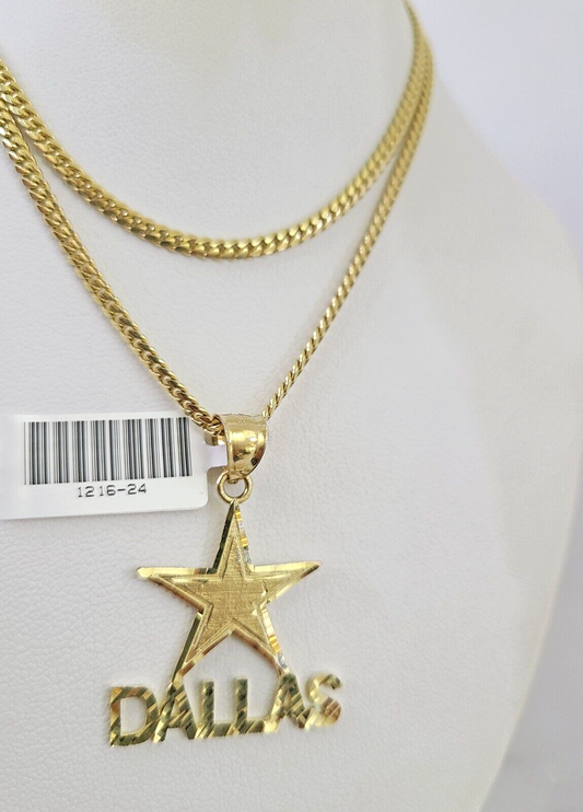 10k Gold Solid Miami Cuban Necklace Star Dallas Pendant 2.5mm 18-24" Chain Set