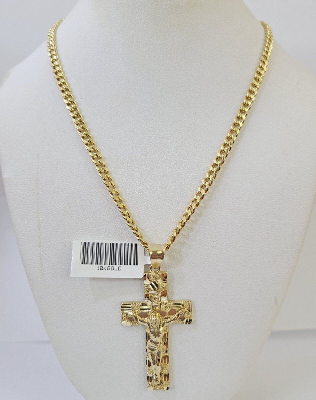 10k Nugget Cross Miami Cuban Chain 4mm 22 inch SET Necklace Pendant