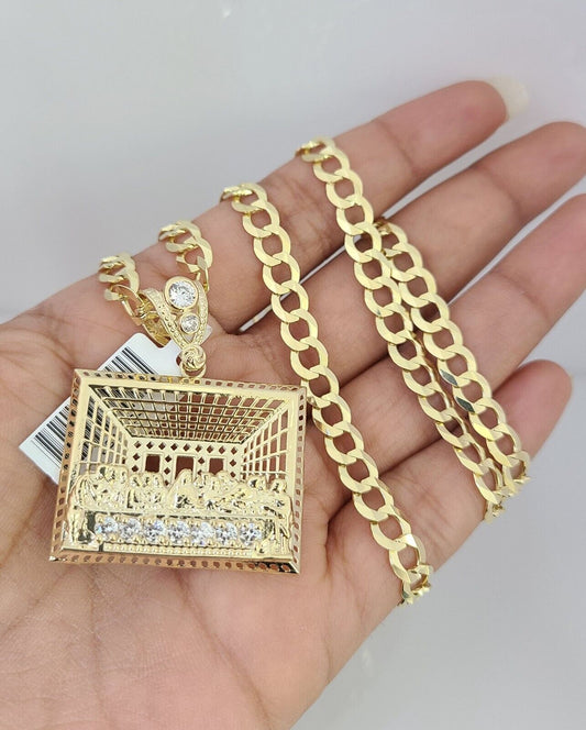 10k Gold Solid Cuban Curb Chain Necklace Last Supper Pendant Set 6mm 20"-30"