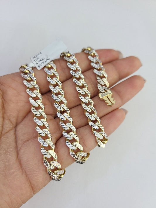 Real 10k Gold Monaco Chain Necklace 8mm 20" Two-tone Diamond Cut 10Kt