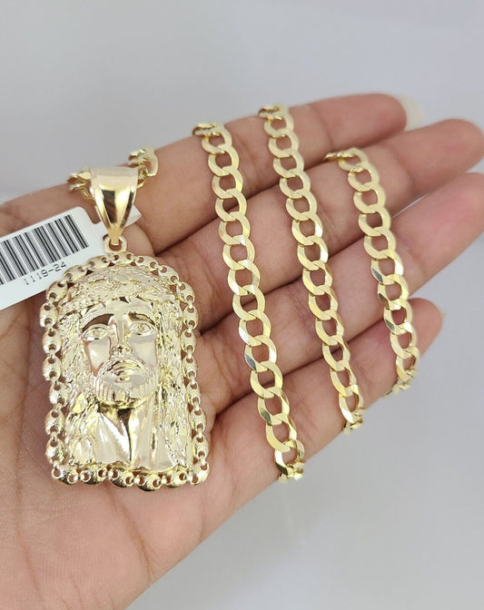 10k Gold Solid Cuban Curb Chain Necklace Jesus Head Pendant Set 6mm 20"-30"