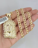 10k Gold Solid Cuban Curb Chain Necklace Jesus Head Pendant Set 6mm 20"-30"