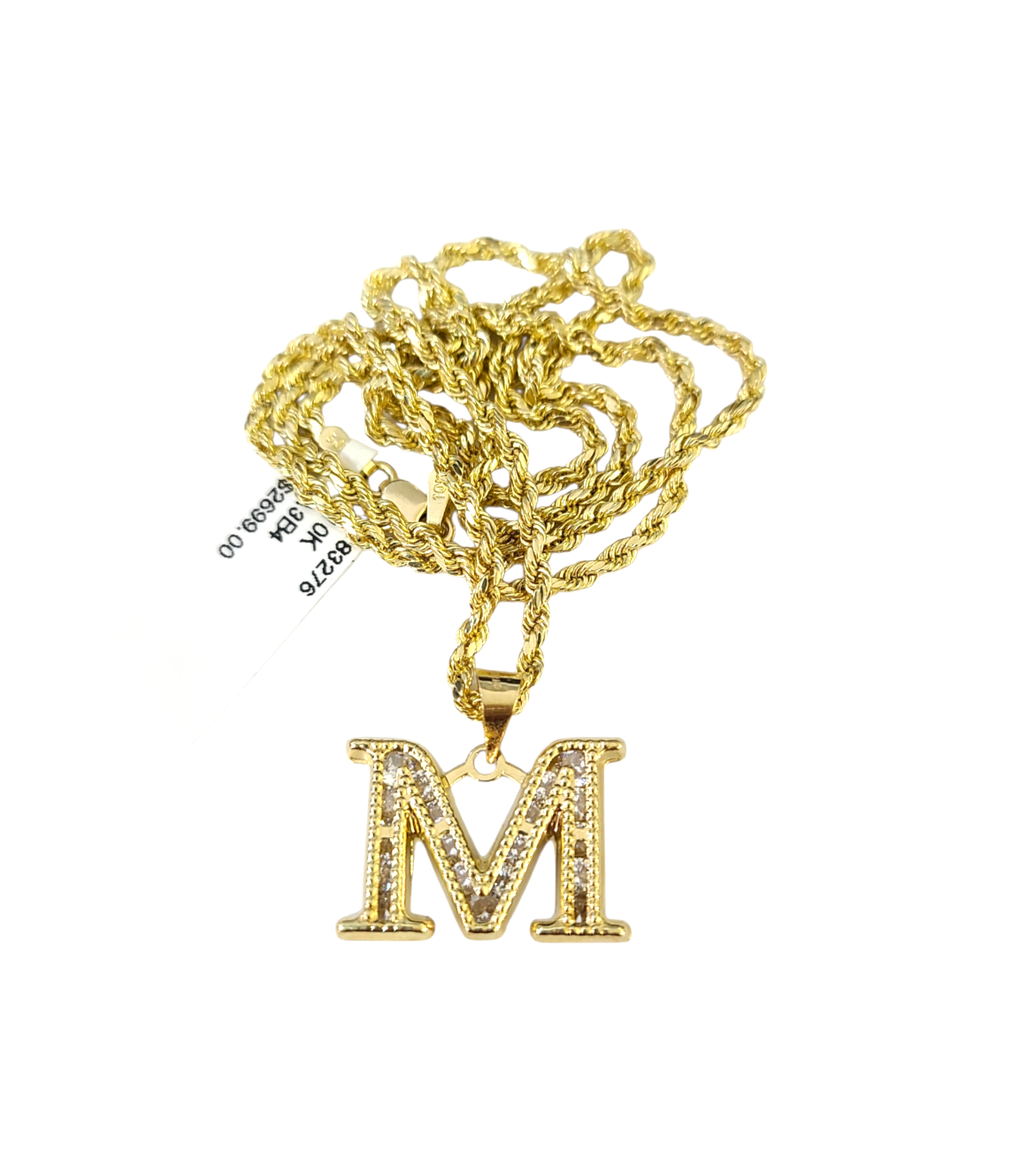 10k 2.5mm Rope Chain M Initial Alphabet Pendant 16"-28" Gold Set Charm Necklace