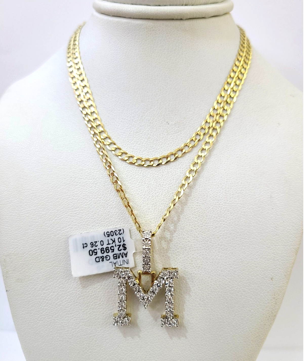 10k Gold Chain Necklace Cuban Curb M Diamond Initial Pendant Set 3mm 20"-30"