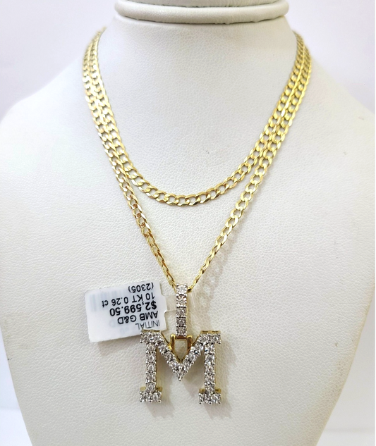 10k Gold Chain Necklace Cuban Curb M Diamond Initial Pendant Set 3mm 20"-30"
