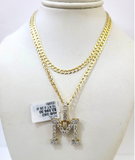 10k Gold Chain Necklace Cuban Curb M Diamond Initial Pendant Set 3mm 20"-30"