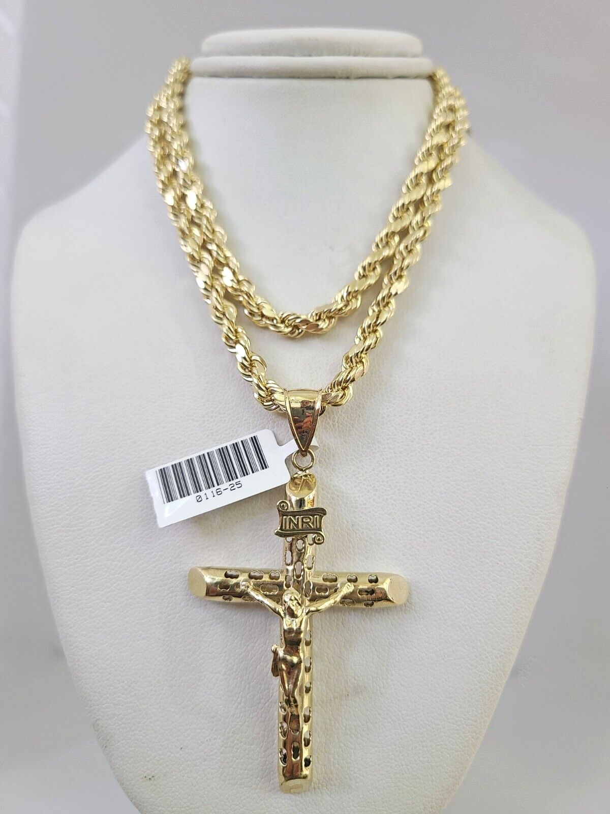 10kt Gold Rope Chain INRI Jesus Cross Charm Set 18