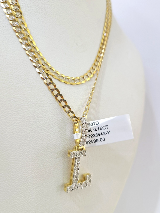 10k Gold Chain Necklace L Diamond Initial Pendant Set Cuban Curb 3mm 20"-30"