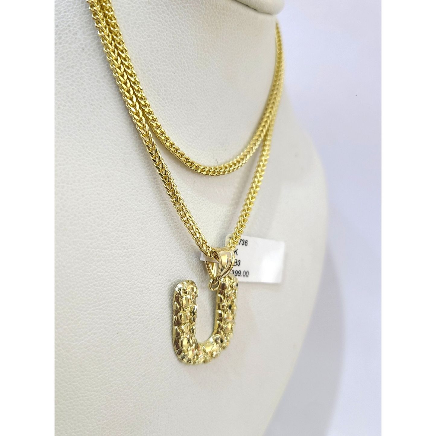 10k Gold Franco Chain 2.5mm U Nugget Initial Charm 16"-26" Pendant Necklace SET