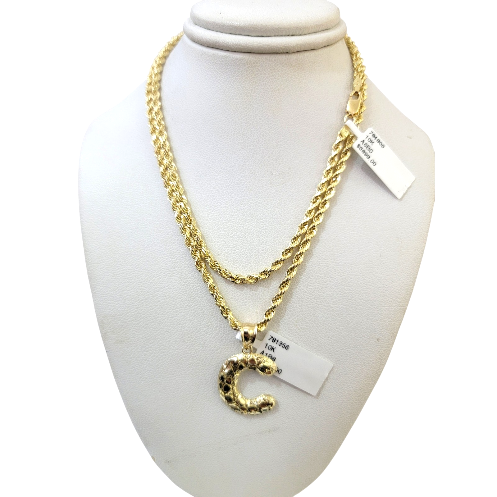 Real 10k Rope Chain Necklace Set 3mm 18"-28" Nugget C Initial Charm Pendant Gold