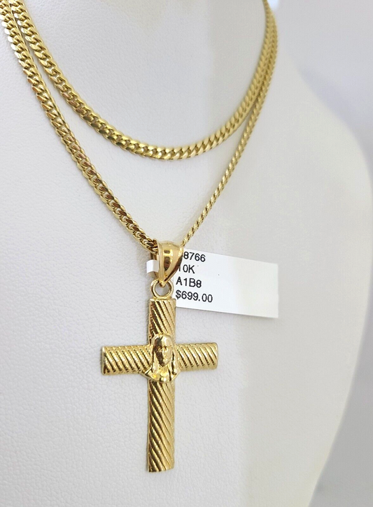 10k Gold Solid Miami Cuban Necklace Jesus Cross Pendant 2.5mm 18-24" Chain Set