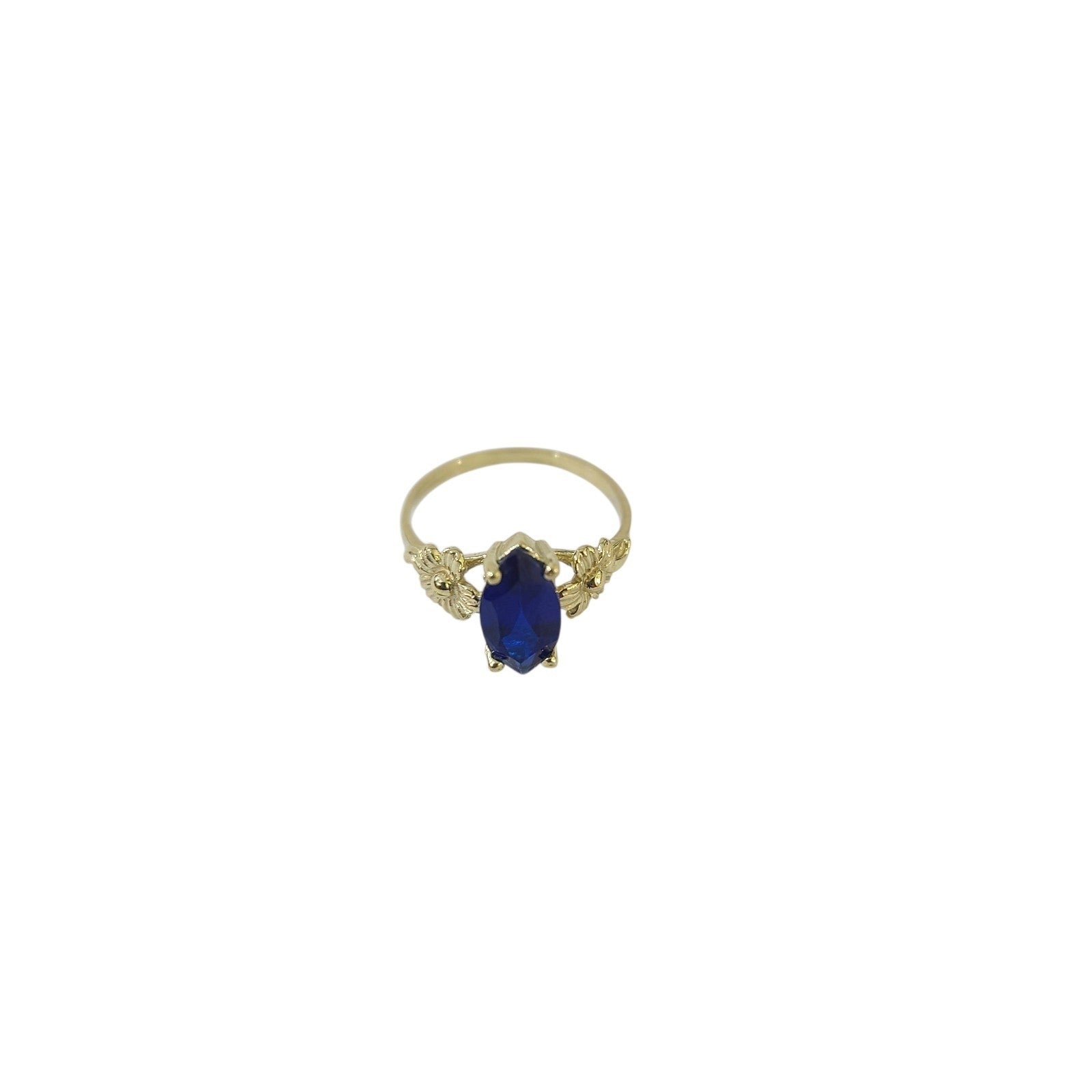 10k Gold Blue Marquise CZ Flower Ring Floral Design Ladies Statement Ring
