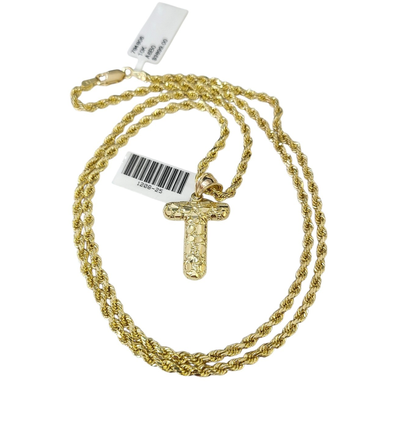 Real 10k Rope Chain Necklace T Nugget Initial Charm 3mm 18"-28" Set Pendant Gold