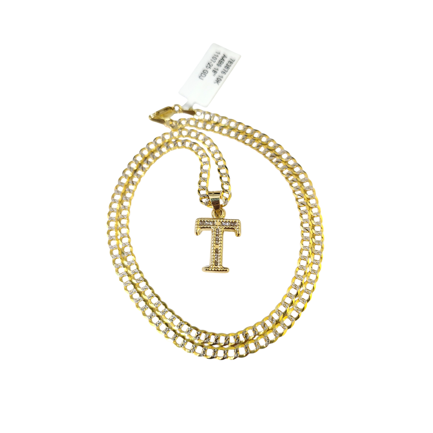 10k Gold Cuban Curb Chain Necklace T Initial Alphabet Pendant Charm 3mm Necklace