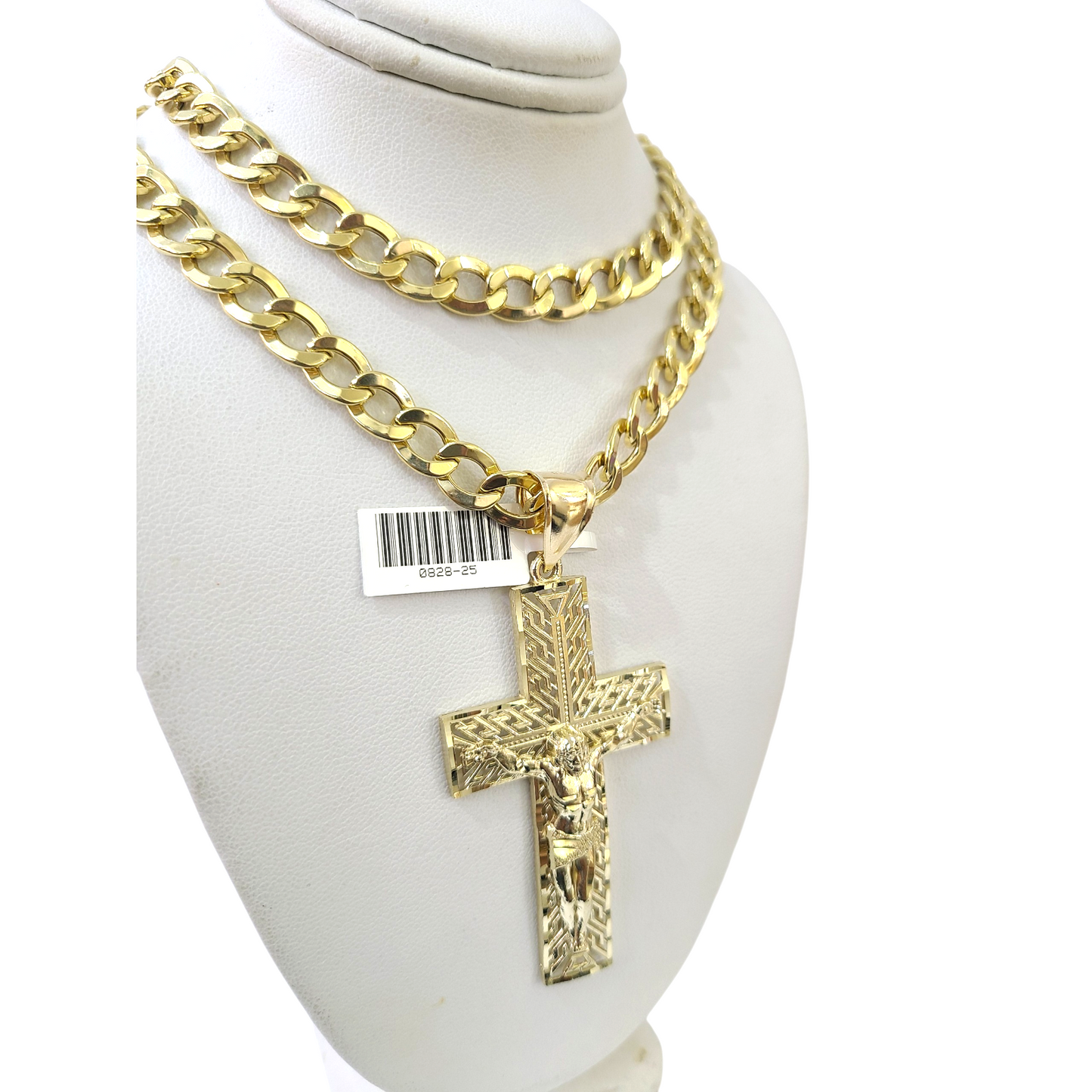 10k Yellow Gold Cuban Curb Chain Holy Cross Pendant SET Charm 8mm Necklace Men