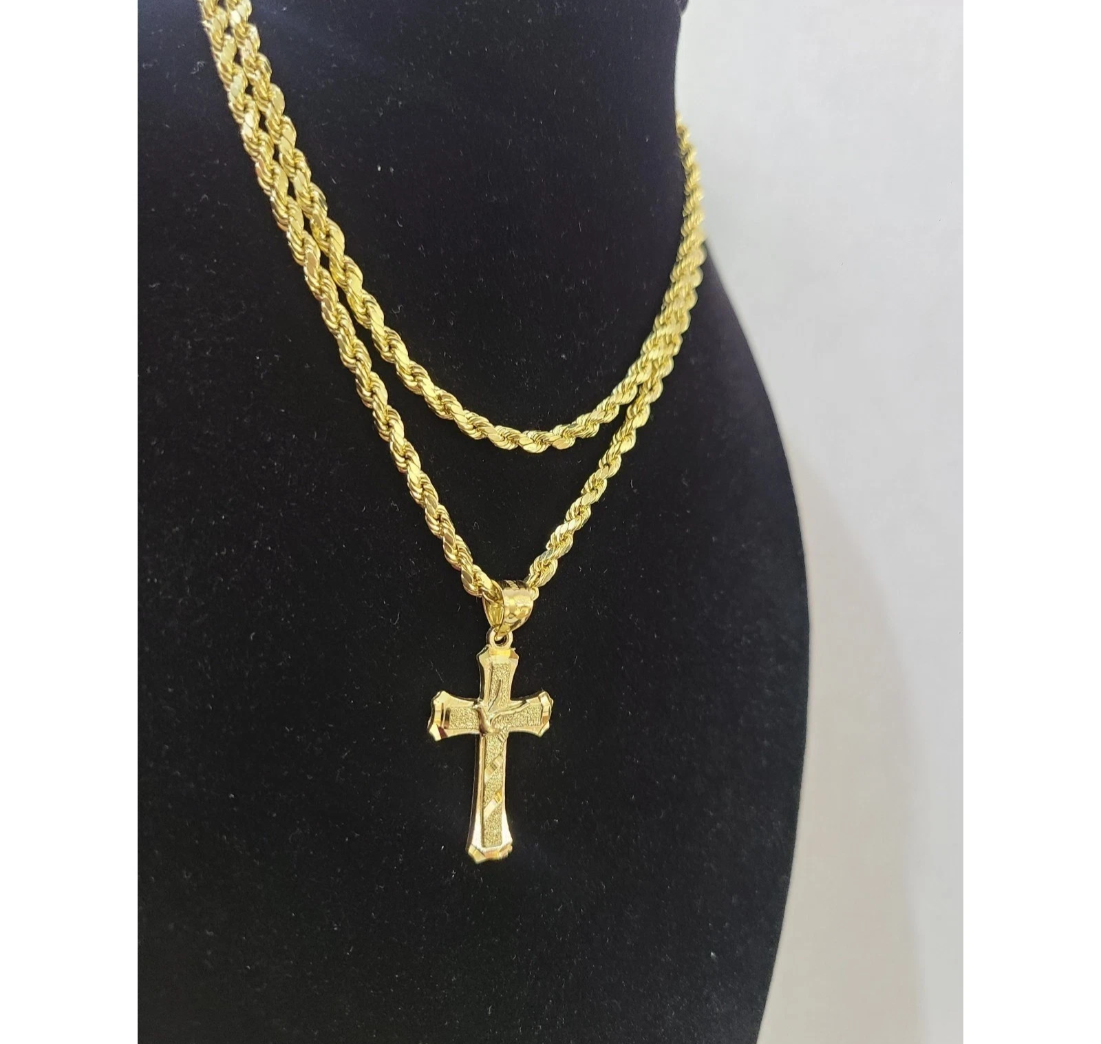 Real 10K Gold Rope Chain 3mm Religious Cross Charm Set Men Women 18"-28"