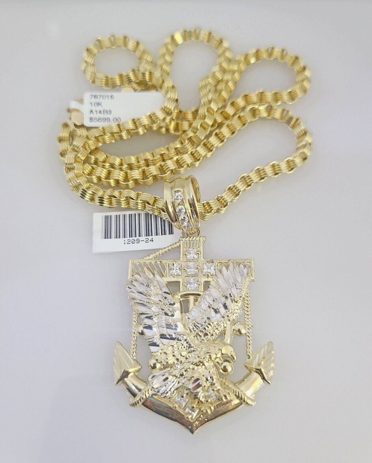 Real 10k Gold Byzantine Necklace Eagle Anchor Charm SET Chain 20"-30" 4mm