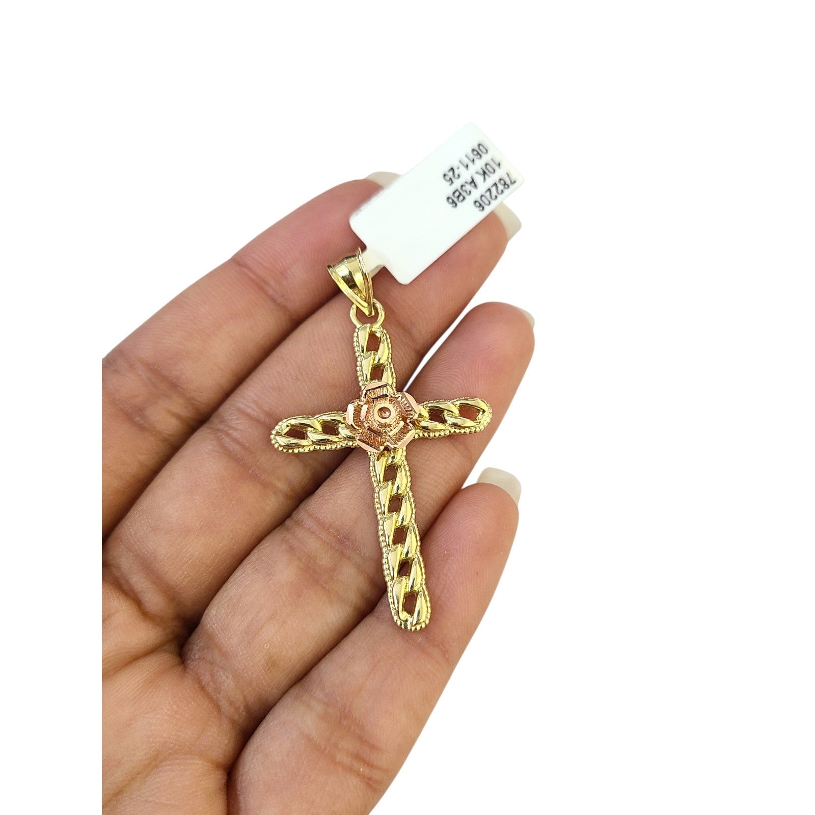 Real 10k Charm Pendant Christ Cross Rose Yellow Gold 10KT