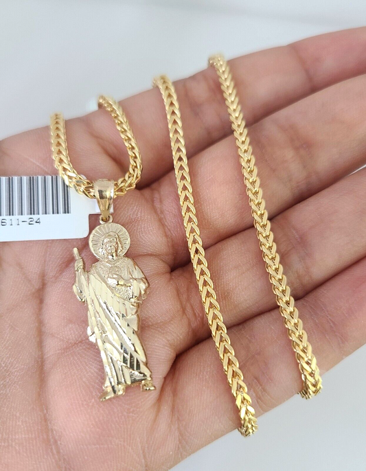 10k Gold Franco Chain Saint Jude Charm Pendant 2.5mm 18-24 Inches Necklace SET