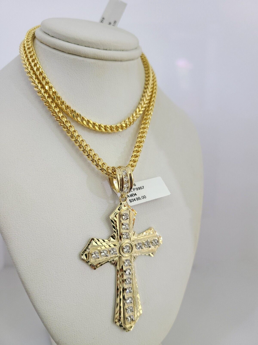 10k Yellow Gold Franco Chain Jesus Cross Charm Pendant 4mm 18-28 Inch Necklace