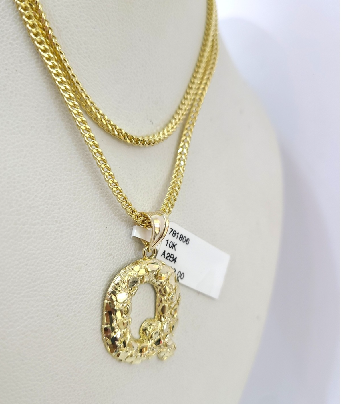 10k Gold Q Nugget Initial Charm Franco Chain 2.5mm 16"-26" Pendant Necklace SET